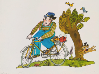 Kabát Václav – Vařící muži, ilustrace obálky pro kalendář na rok 1989, kolorovaná kresba tuší, 1988