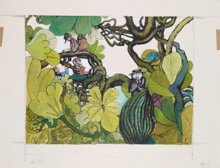Kabát Václav – Pan Hú, ilustrace pro knihu, akvarelem kolorovaná kresba tuší, koláž, 1983