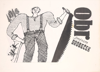 Kabát Václav – Obr jménem Drobeček, ilustrace pro knihu, kresba tuší, koláž, 1997