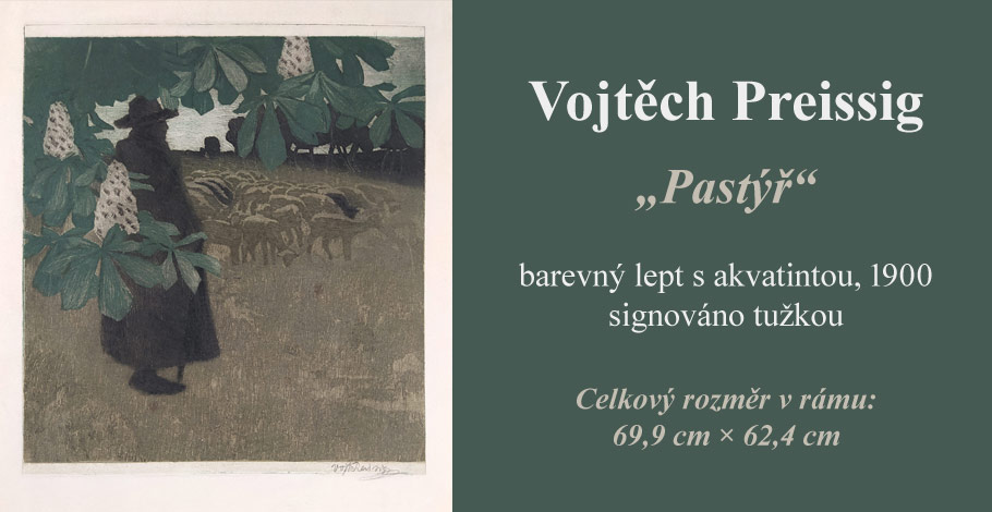Preissig Vojtěch – Pastýř, barevný lept s akvatintou, 1900
