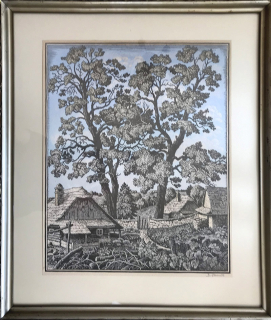 Jaroněk Bohumír – Valašský dvorek, barevný dřevoryt, 1923